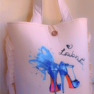 Yeirdesign Cream and Blue Artistic Tote
